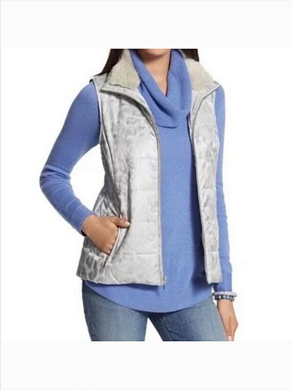 Chico's Silver Animal Print Faux Fur Collar Quilted Zip Vest size 3